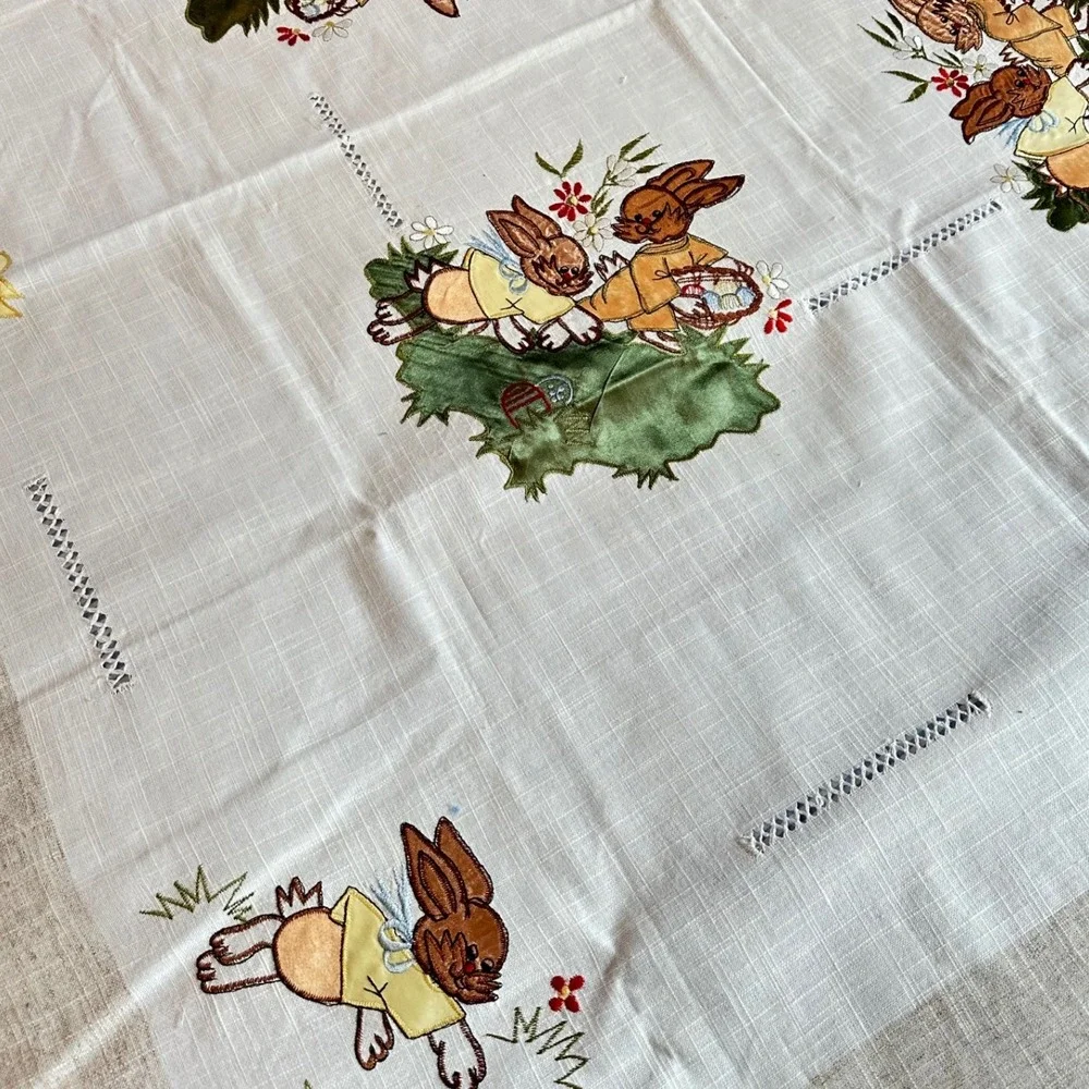 Easter Bunny Tablecloth 50x50 White Beige Embroidered Spring